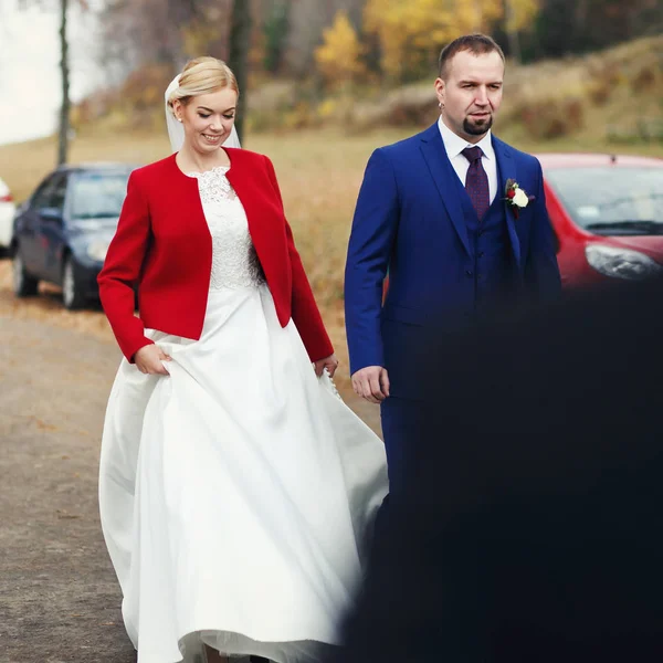 Nézet hátulról egy boldog esküvői pár, az őszi séta — Stock Fotó