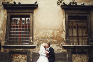 Damat gelinin yanak ayakta eski büyük pencereler arasında öper. 