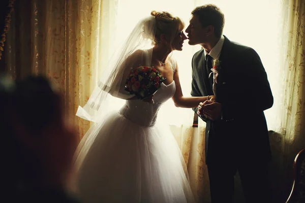 Noivo beija nariz da noiva de pé com ela em luzes do dia atrás — Fotografia de Stock