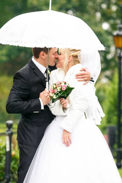 Sposo tiene la sposa teneramente in piedi sotto un ombrello nel parco — Foto Stock