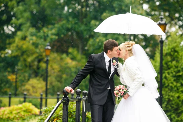 Apenas casados beijos de casal sob um guarda-chuva em pé no bri — Fotografia de Stock