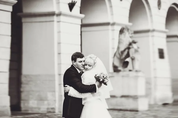 Vőlegény menyasszony tartja a karjában, arról ábrándozik, valahol a városban — Stock Fotó