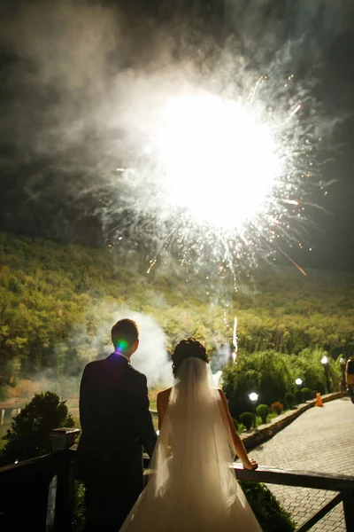 Casal apaixonado olhar para fogos de artifício — Fotografia de Stock