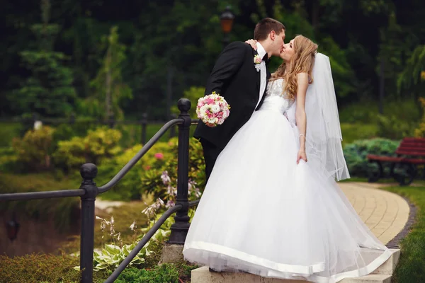 Noiva segura seu vestido enquanto o noivo a beija em um parque — Fotografia de Stock