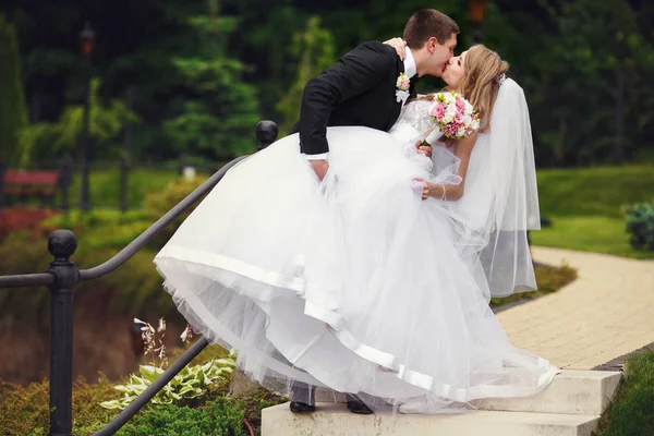 Groom holds bride's leg while kissing her in a park — Stock Photo, Image