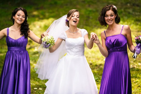 Braut und Brautjungfern in violetten Kleidern tanzen auf dem Feld holdi — Stockfoto