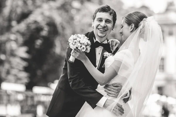 Sposo ridere piegando una sposa oltre — Foto Stock