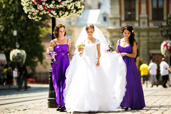 Caminhada de noiva junto com damas de honra ao longo de uma rua florescente — Fotografia de Stock