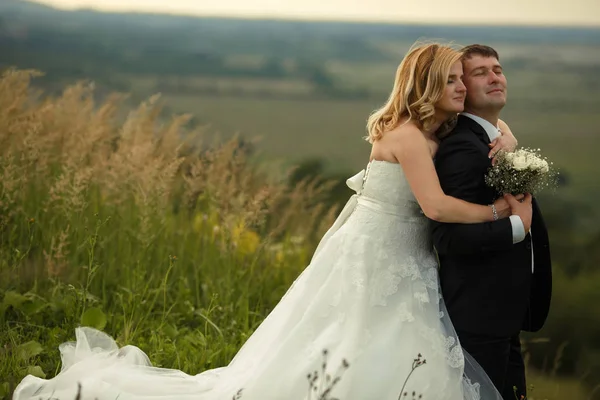 Onlar hayellere iken bir tepeye gelin damat arkadan sarılarak — Stok fotoğraf