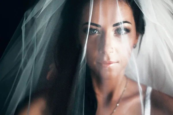 Εντυπωσιακή νύφη με τα μαύρα μαλλιά μοιάζει κρυμμένο κάτω από ένα πέπλο — Φωτογραφία Αρχείου