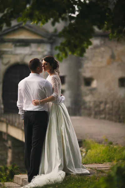 Bräutigam umarmt eine brünette Braut, die am Anfang eines Weges steht — Stockfoto