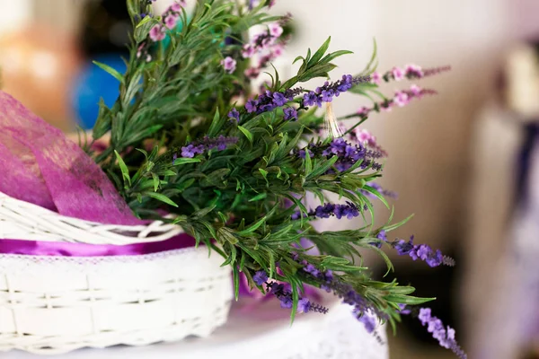 Weißer Korb mit Lavendel und Grün — Stockfoto