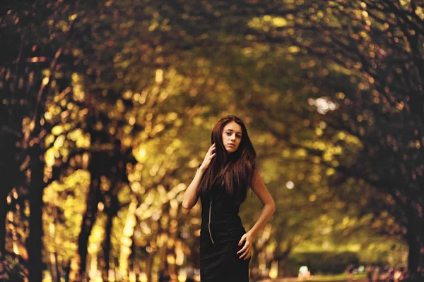 Chica morena posa elegantemente en el parque de otoño — Foto de Stock