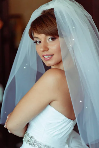Impresionante novia mira por encima de su hombro siendo cubierto con un velo —  Fotos de Stock