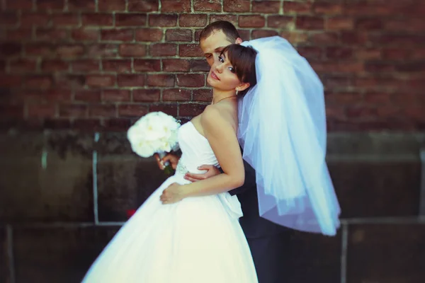 Bräutigam umarmt Braut von hinten, hält ihre Taille zärtlich und küsst — Stockfoto