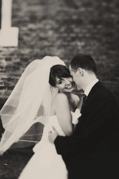 Bride smiles sparkling while being held by a groom — Stock Photo, Image