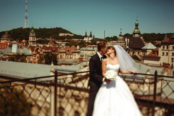 Lviv büyük bir cityscape önünde çift düğün öpücük — Stok fotoğraf