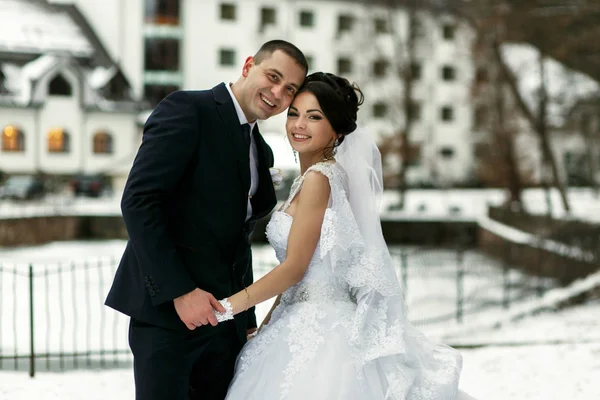 Невесты обнимаются у замёрзшего озера — стоковое фото