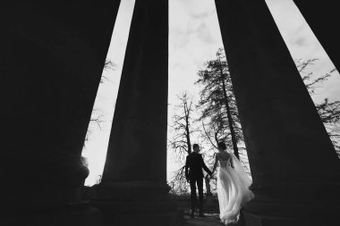 Çift düğün sütunların arkasında güneş duran yüzler 