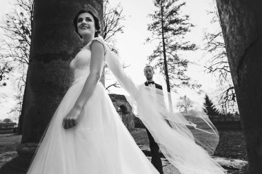 Eski sütunlar arasında bir gelin damat izler 