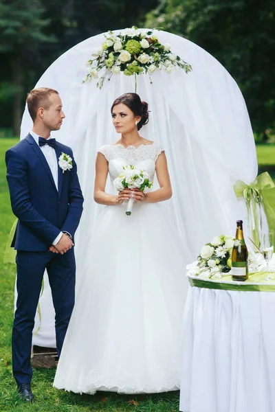 Наречений захоплюється приголомшливий нареченої стояв з нею за за весільн — стокове фото