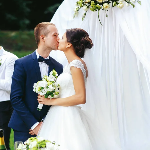 Bella appena sposati coppia baci in piedi dietro un matrimonio alta — Foto Stock