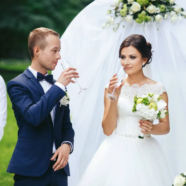 La novia y el novio beben champán de pie detrás de un altar de bodas —  Fotos de Stock