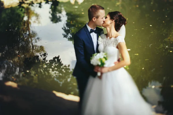 Groom kisses a bride standing on the lake shore — Stock Photo, Image