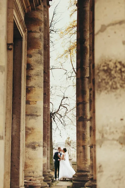 Nowożeńcy kiss stojący między stare filary w zimnej jesieni w — Zdjęcie stockowe