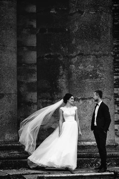 Vento sopra véu da noiva enquanto ela está com um noivo entre th — Fotografia de Stock