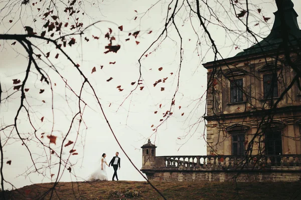Bruid en bruidegom lopen op de heuvel met een groot kasteel achter hen — Stockfoto