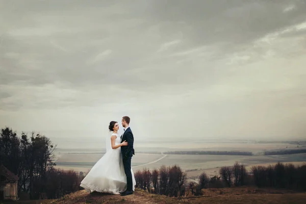 Novia y novio de pie en la colina con gran paisaje otoñal ser — Foto de Stock