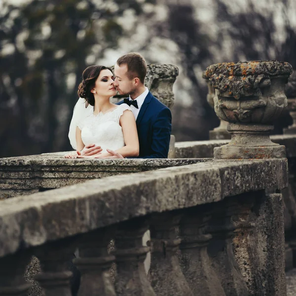 Sposo bacia una sposa abbracciandola da dietro sul vecchio balcone — Foto Stock