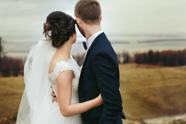 Ein Blick von hinten auf ein umarmendes Hochzeitspaar, das auf die gr — Stockfoto