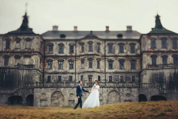 Gelin ve damat yürüyüş boyunca bir ol önünde sarı çim — Stok fotoğraf