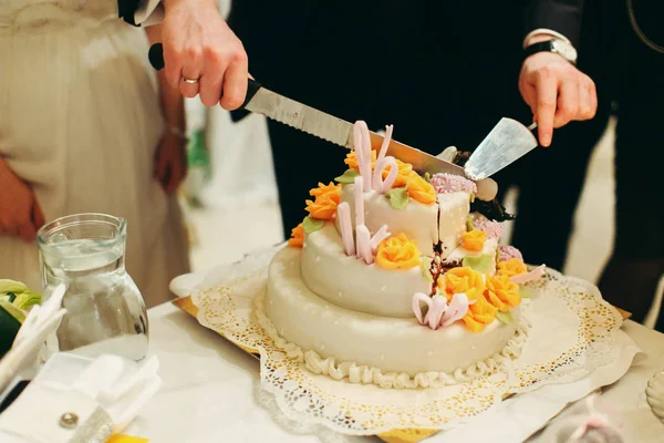 Bruidegom snijdt een heerlijke bruidstaart — Stockfoto