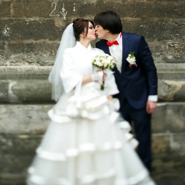 Groom kisses a bride tender standing somewhere in the old city — Stock Photo, Image