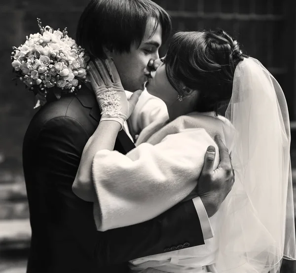 Noiva beija um noivo enquanto ele a abraça firmemente — Fotografia de Stock