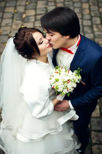 Жених целует нежную невесту, обнимая её. — стоковое фото