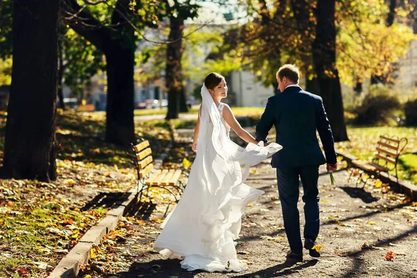 Pretty bride looks over her shoulder walking with groom in the p — Stock Photo, Image