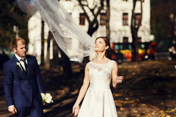 Вітер дме тендітну завісу нареченої, поки вона стоїть з решіткою — стокове фото