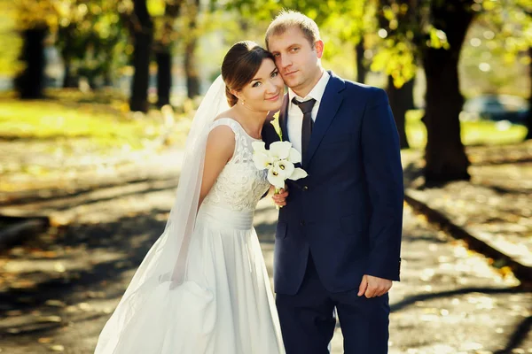 Fröhliches Hochzeitspaar posiert auf dem Gehweg im Park — Stockfoto