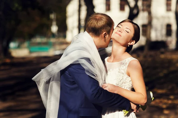 Bräutigam umarmt eine Braut, die unter einem Schleier versteckt ist — Stockfoto