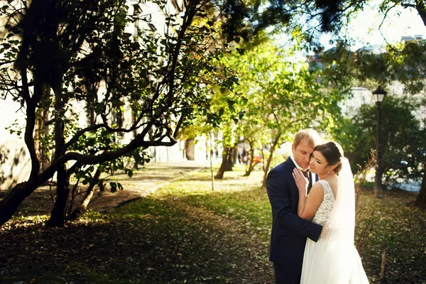 緑の裏庭に立つ静かな結婚式のカップル — ストック写真