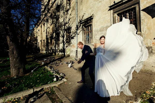 Noiva levanta um vestido segurando uma mão de um noivo que tenta c — Fotografia de Stock