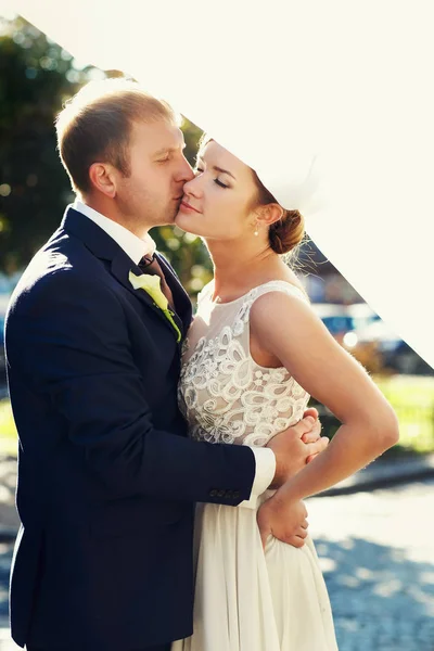 Groom kisses bride's cheek holding her waist tender — Stock Photo, Image