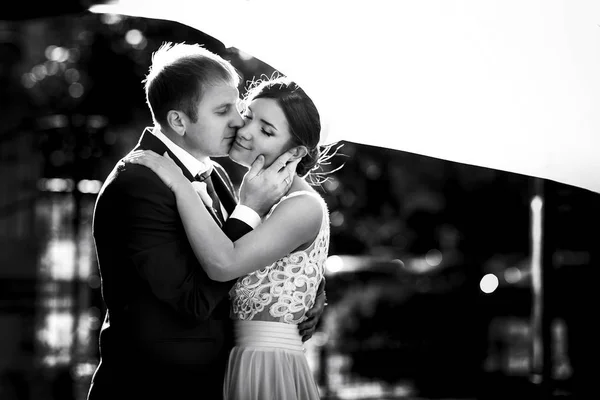 O véu da noiva sobrevoa um casal de noivos abraçados — Fotografia de Stock