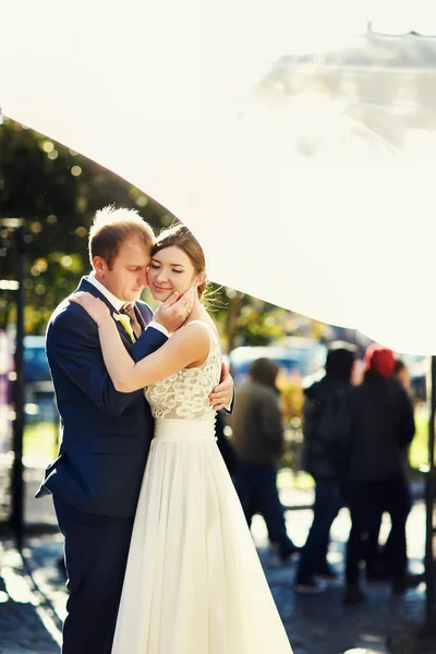 El viento sopla el velo de la novia mientras ella se para en paz con un — Foto de Stock