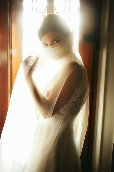 Menyasszony úgy néz ki, titokzatos arcát fátyol mögött rejtőzik — Stock Fotó
