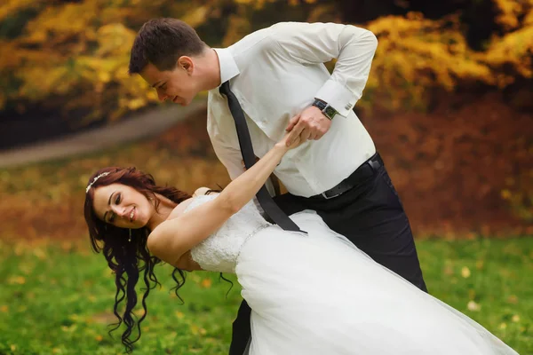 Bräutigam beugt Braut auf dem Rasen im Park vor — Stockfoto